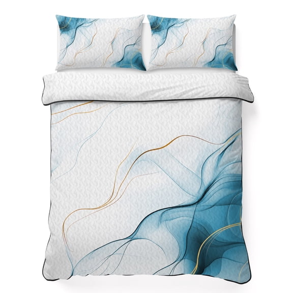 Blue Water Ripple 3 Piece Quilt Bedding Set with 2 Pillow Shams, Vintage Abstract Lightweight Bedspread Coverlet, Soft Breathable All Season Quilt, 68 x 86 Inch