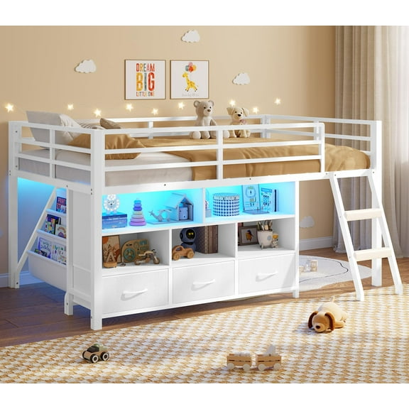 Afuhokles Low Loft Bed Twin Size with 3 Storage Drawers, 3-Tier Bookshelf, 5 Open Cubbies and 2 LED Lights Strips, White