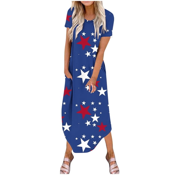 Vestidos de Verano de Mujer Casual Cuello Redondo Bolsillos de Manga Corta Impresión Vestido Largo, Vestido Ligero de Poliéster para Diario, Fiesta Y Primavera