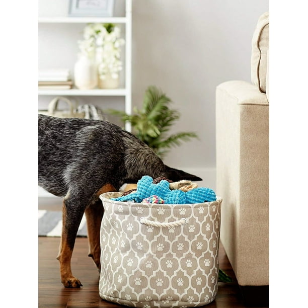 1pc Medium High Pet Storage Basket With Grid & Paw Print Pattern For Storing Pet Toys, Clothes And Snacks