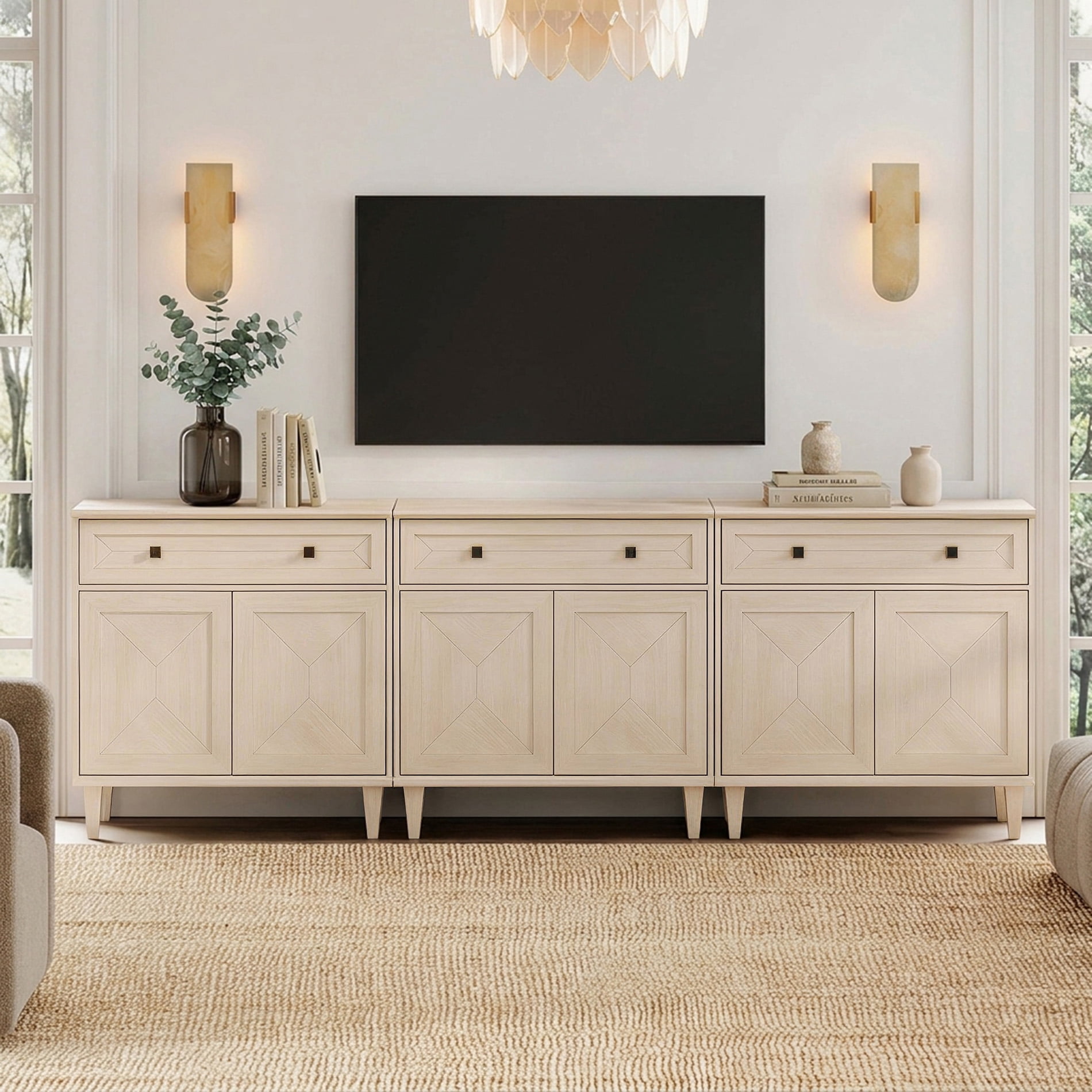 WAMPAT 3-in-1 Handmade Patchwork Buffet Cabinets,Beige