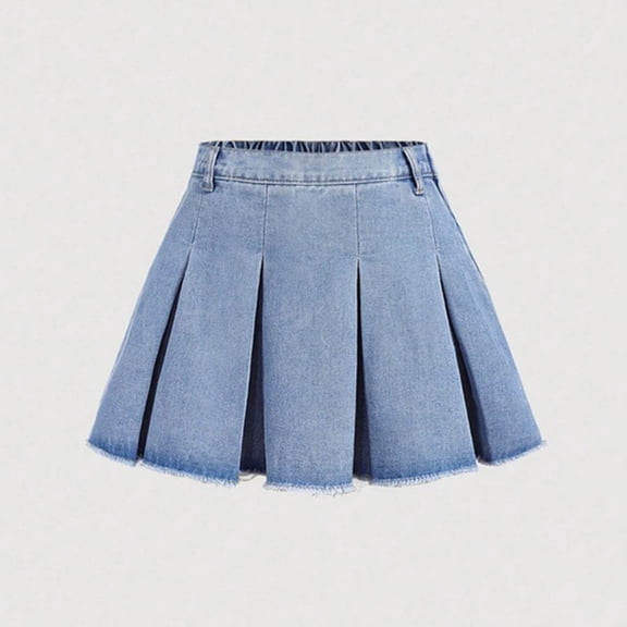 Yeaiivve Girls Denim Mini Skirts Y2K Pleated Jean Skirts Side Zip Elastic High Waist A-Line Skirt Frayed Hem Casual Short Skirts Black 130