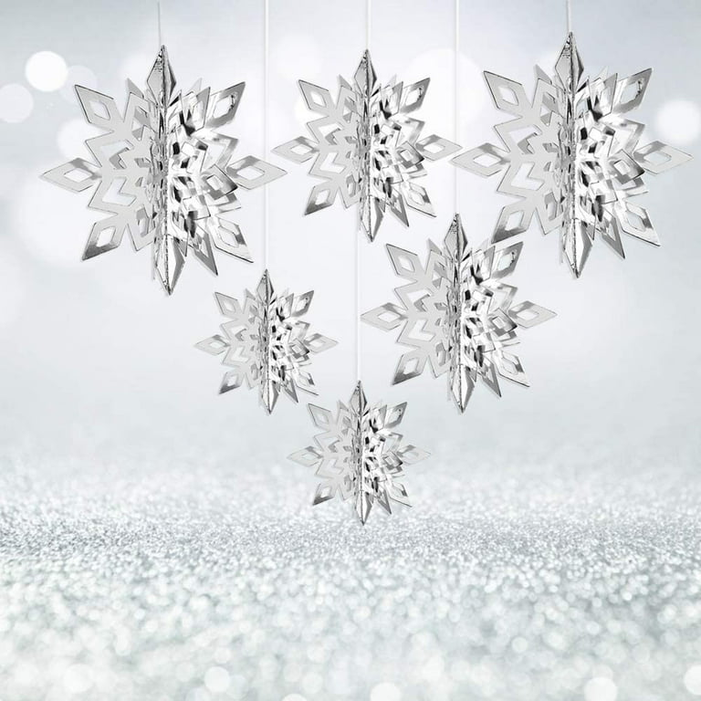 Oumuamua Winter Christmas Hanging Snowflake Decorations, 12pcs 3D Large Silver Snowflakes & 12pcs White Paper Snowflakes Hanging Garland for