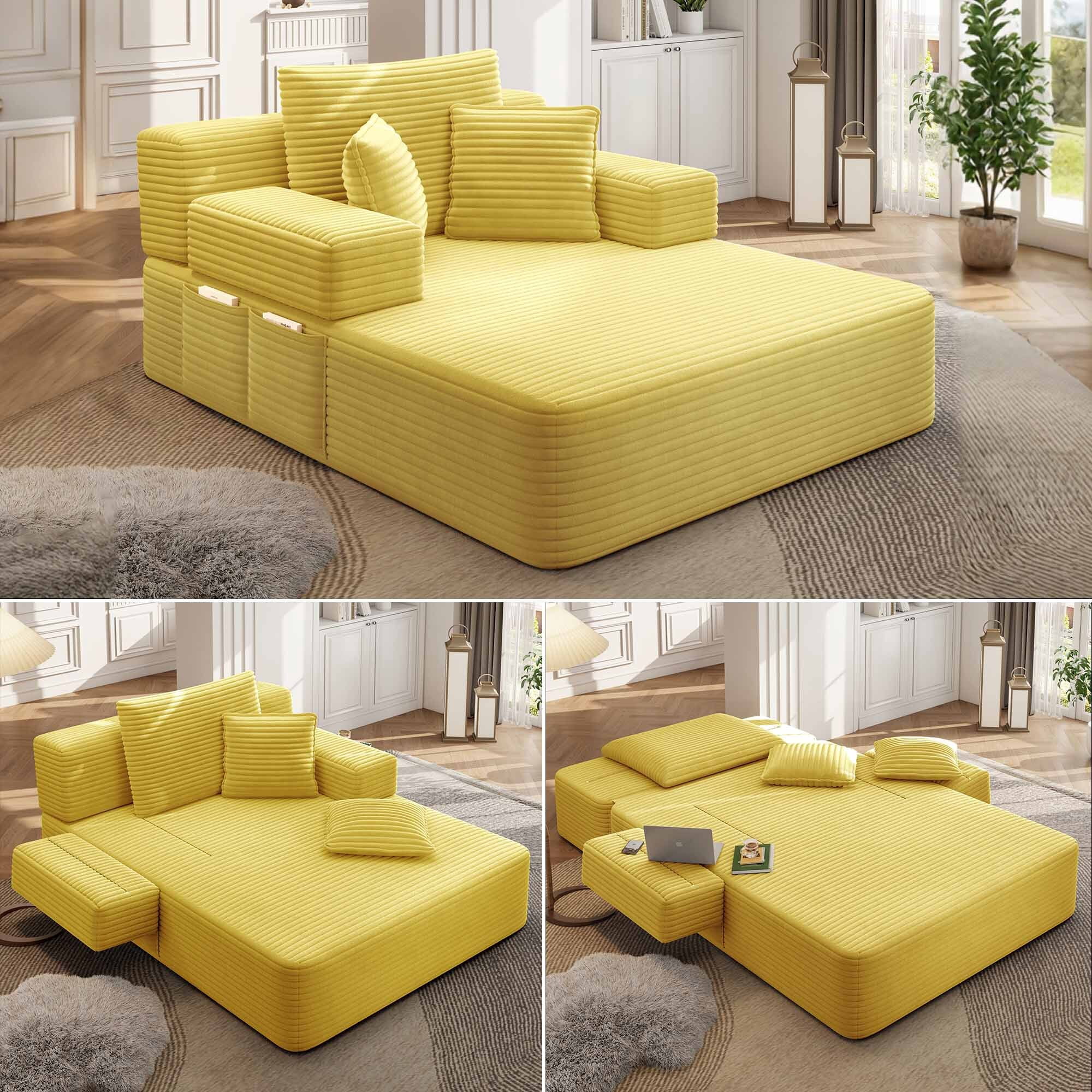 Lunale Boneless Chaise Lounge Chair Indoor, Oversized Convertible Sofa Bed, Cloud Corduroy Sofa Chair for Living Room, Yellow