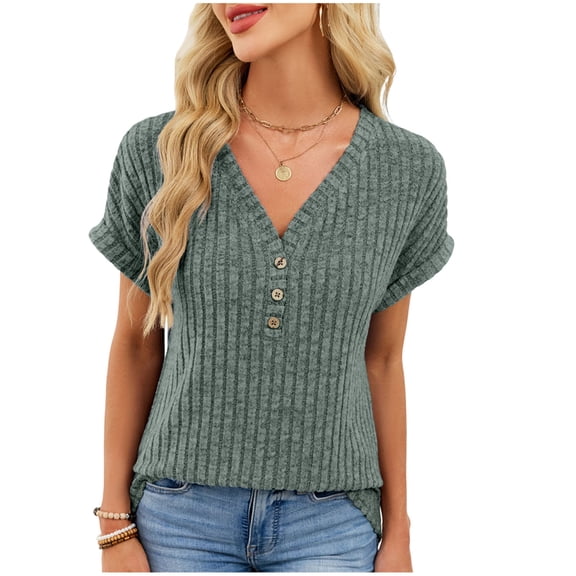 XFLWAM Women's Short Sleeve Tops Summer V Neck Button Henley T Shirts Dressy Casual Ribbed Knit Solid Color Tunic Shirt