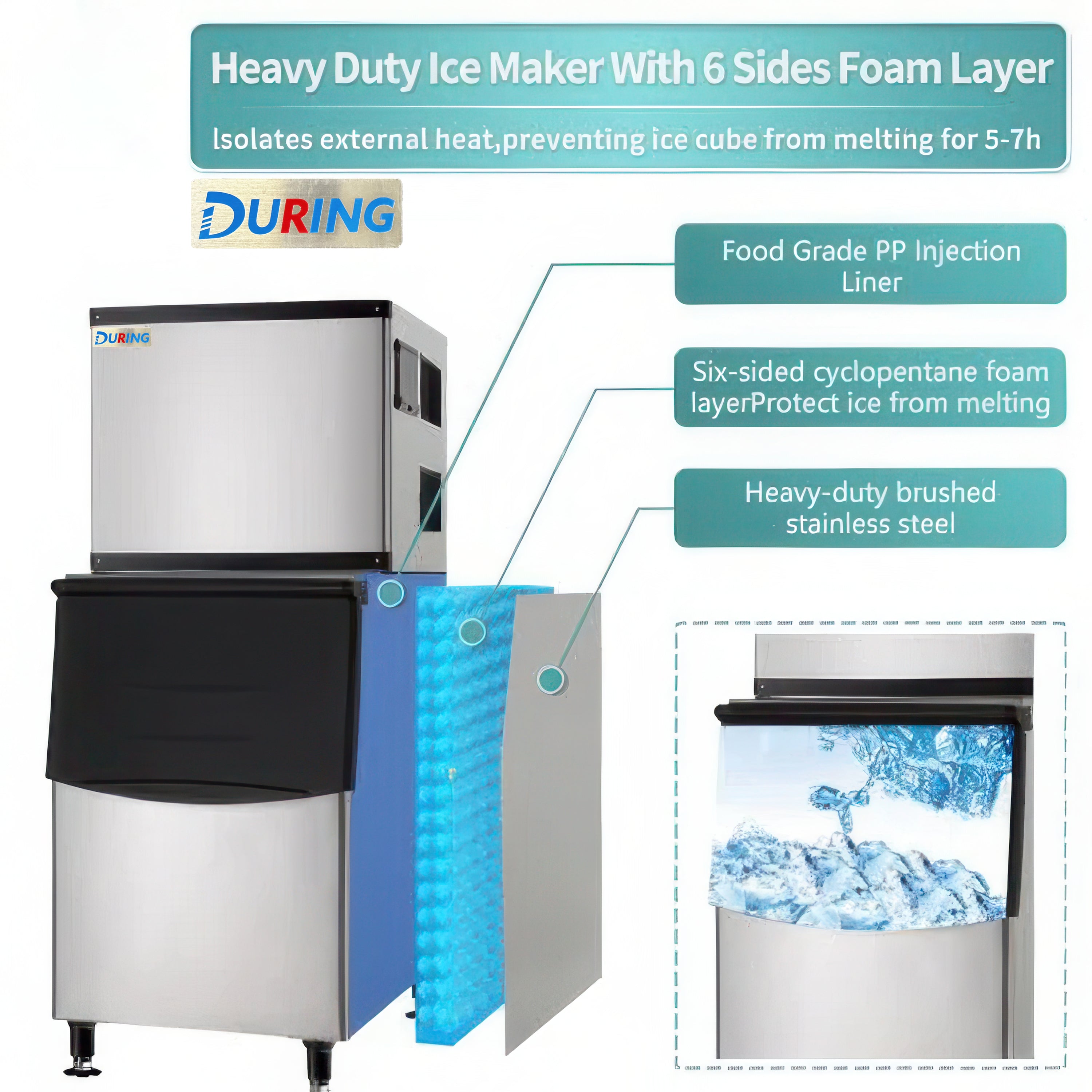 DURING D-SK-329 Commercial Ice Machine, Full Cube Ice Maker Machine 350 lbs Ice with 308lbs Storage Capacity