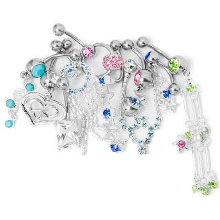 Gem Sparkle Belly Ring - Wholesale Lot Belly Button Ring 10 Pack CZ Gem Fancy Dangle Charm Classy 14G