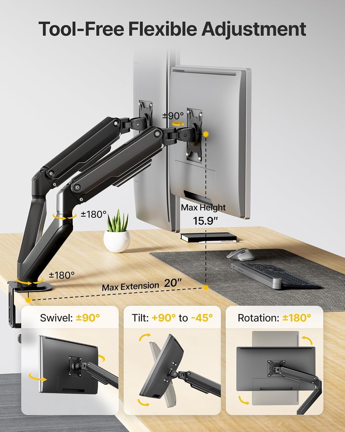 Dual Monitor Stand for Desk, 17-32 Inch Mechanical Spring Dual Arm, Heavy Duty Steel Adjustable Monitor Mount, Full Motion VESA 75x75/100x100, C-Clamp & Grommet, Holds  to 20 lbs Each