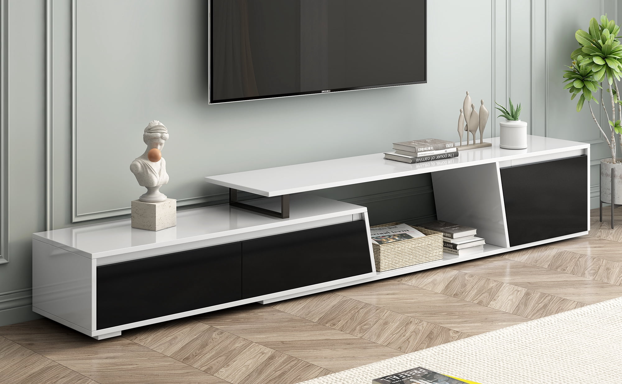 Euroco Modern Minimalist Rectangle Extendable TV Stand, TV Cabinet with 2 Drawers and 1 Cabinet for Living Room, Fits TVs Up to 100''