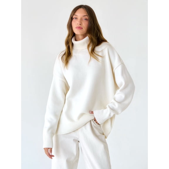 Women's Oversized Turtleneck Sweater, Loose Long Sleeve Ribbed Knit Pullover for Everyday Wear