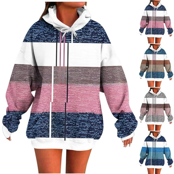 Ashirexll Oversized Hoodies for Women, Womens Hoodies, Fashion Casual Ladies Striped Long Sleeve Pockets Tops Blouse Hooded Sweatshirts