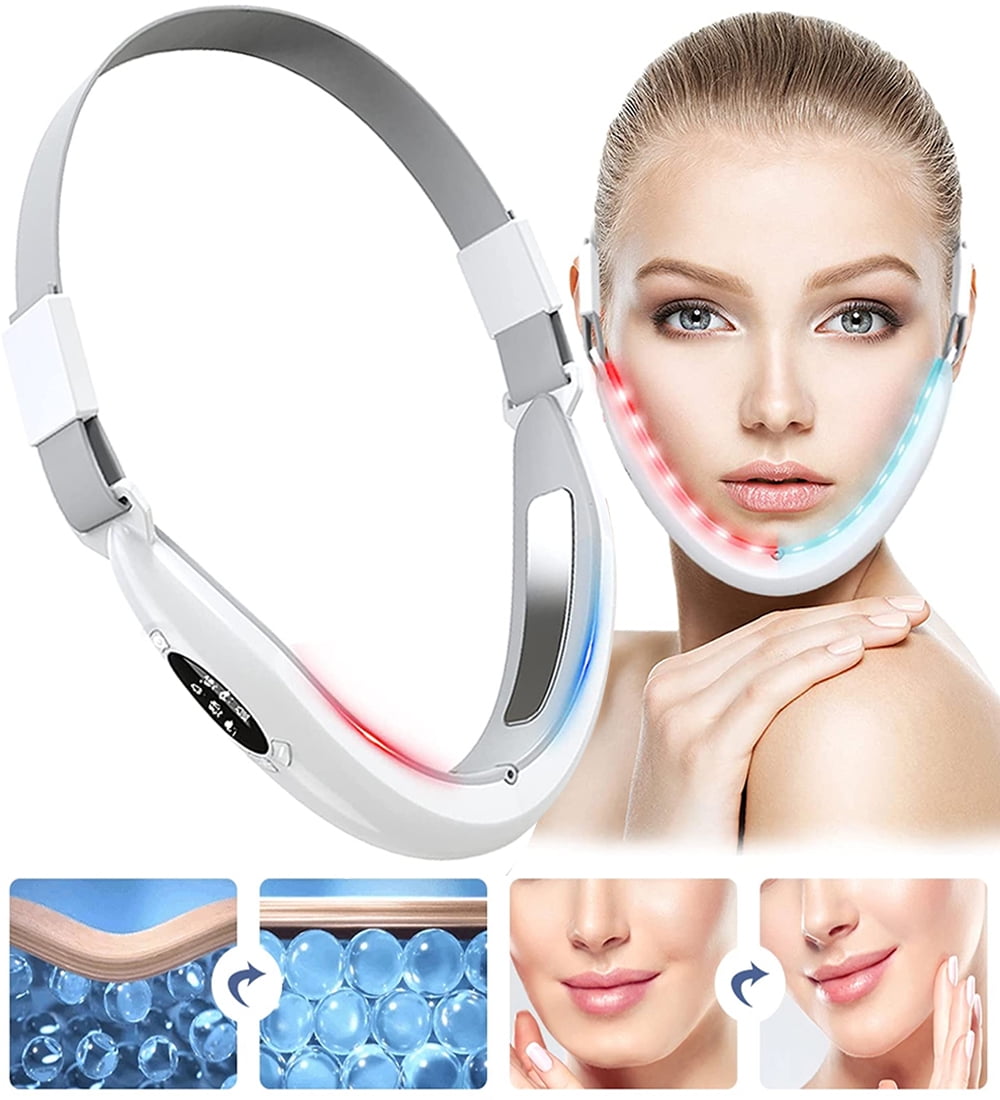 V Face Lifting Device, V- Face Shaping Massager Double Chin V-Line Up Lift Belt Machine - Micro Current EMS Massage Red/Blue LED Light Therapy Face Slimming Beauty Device