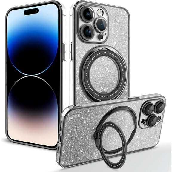 Rotating Stand Glitter Four Corners Protective Phone Case for iPhone 14 15 / Pro/Plus/Pro Max, Back Cover with Lens Film, Magnetic Bracket Shell