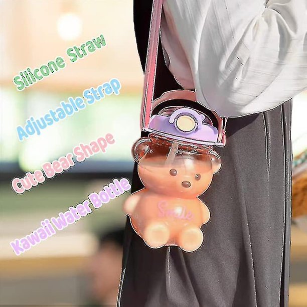 Botella De Agua De Oso Kawaii Con Pajita, Deportiva, De Plástico, Portátil, Cuadrada, Para Niña