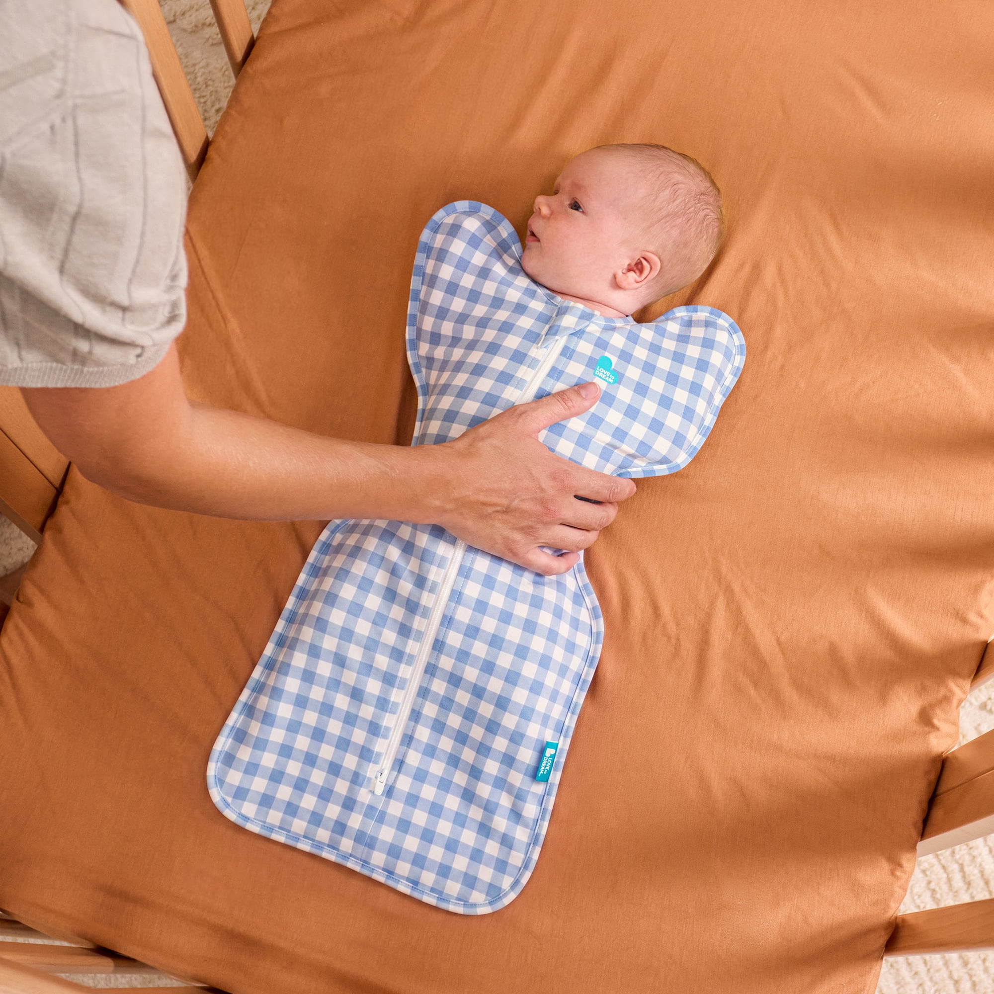 Love To Dream Swaddle Up Original Sleep Sack, 4-Way Stretch, Cotton Blend, 1.0 TOG, Blue Gingham, Small