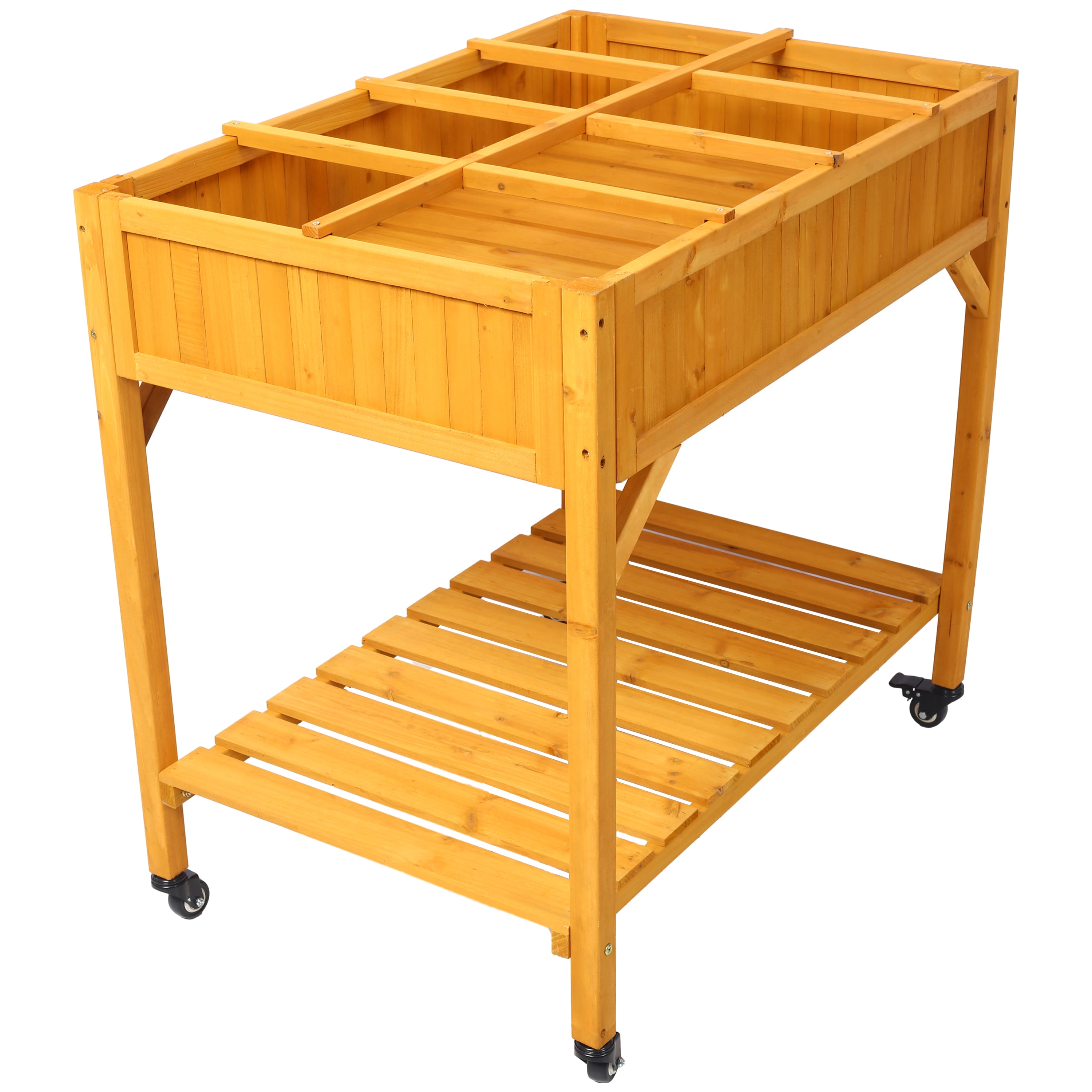 Elevated 8 Pocket Herb Garden Bed Mobile Raised Wooden Planter w/ Lockable Wheels Storage Shelf Fir Wood Material 36" x 24.25" x 34.625"