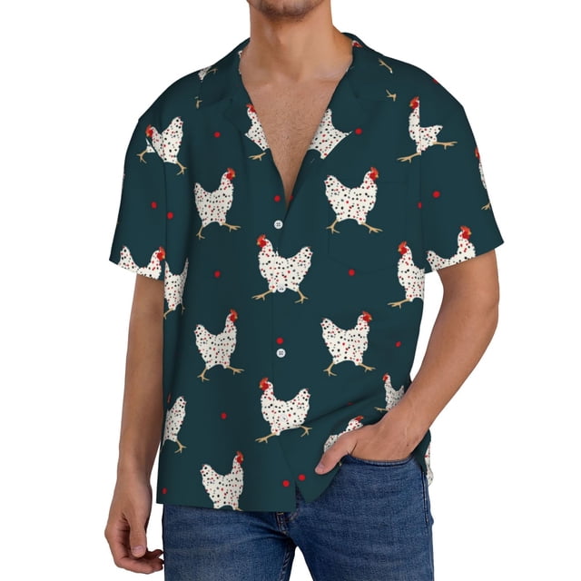 Fotbe Funny Chicken Camisa Estampada de Manga Corta para Hombre, Casual de Verano, Estilo Playero, Sin Arrugas-Medium