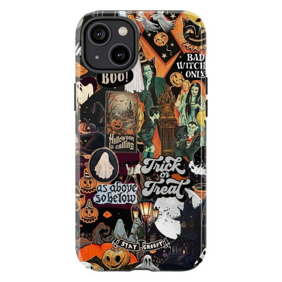 Vintage Halloween Collage Phone Case for iPhone 16 15 14 13 12 11 Pro Max Plus Mini – Spooky Retro Aesthetic, Trick or Treat, Ghosts, Pumpkins & Witches Protective Phone Cover