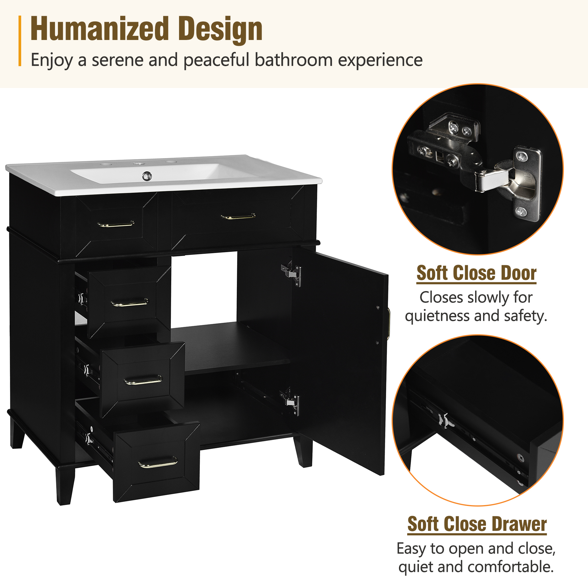 EUROCO 30" Bathroom Vanity with Ceramic Sink,Solid Wood Bathroom Makeup Cabinet with Soft Close Door,Adjustable Shelf and 3 Drawers,Free Standing Single Basin Vanity Set for Bathroom,Black