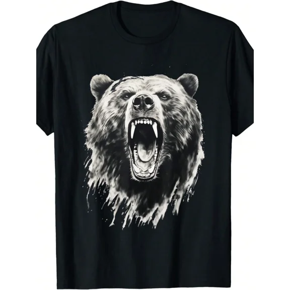 Roaring Grizzly Bear Graphic T-Shirt - Men's Black Wildlife Tee