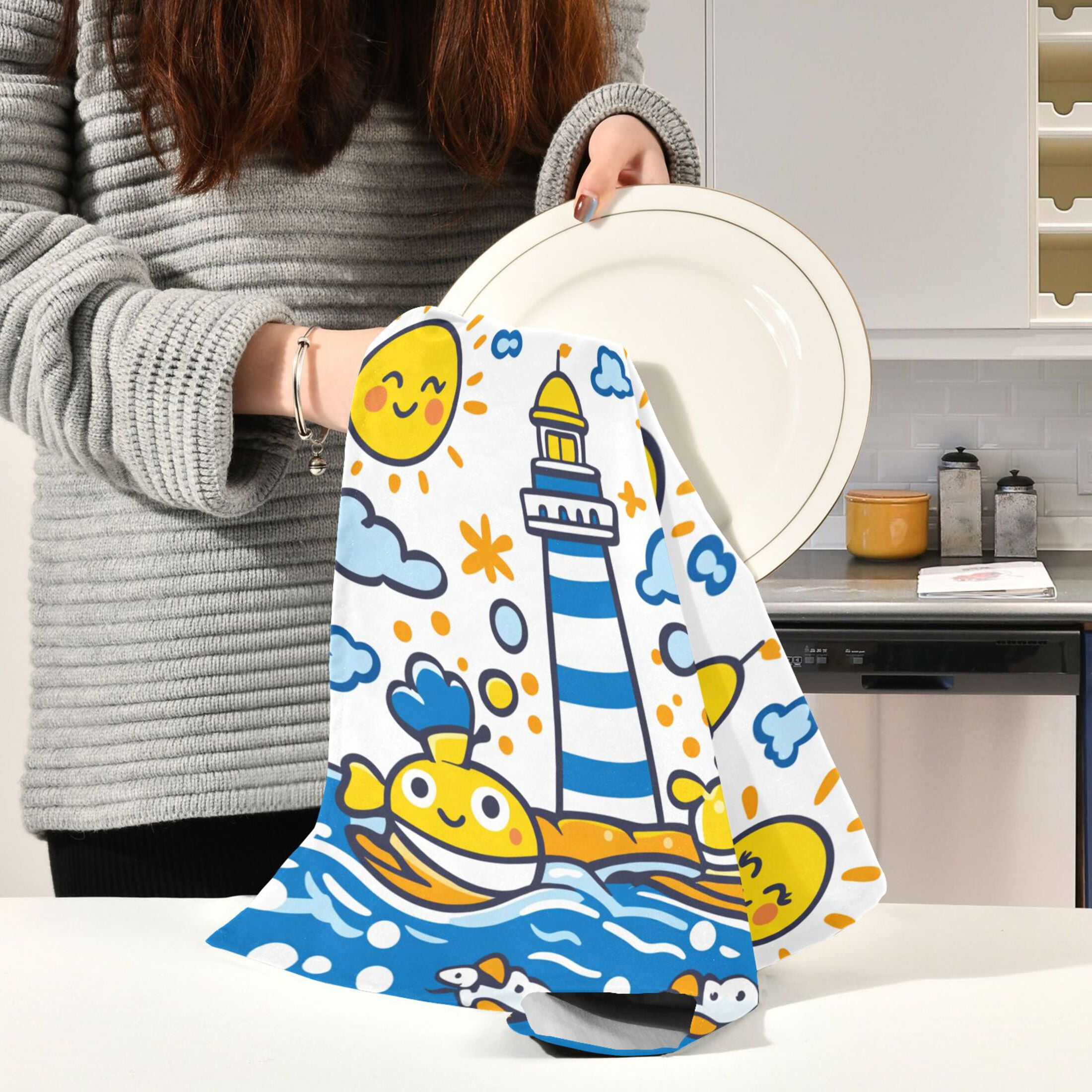 Children Doodle Style Kitchen Towels 6-Piece Pack Tea Towels for Kitchen Decorative Waffle Design 28x18in