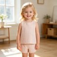 thumbnail image 1 of FINALGANG Girls Kids Summer Casual Two Piece Outfit With Round Neck Sleeveless Gingham Checkered Top Elastic Waist Shorts For Toddler Daily Play Wear Versatile Set, 1 of 8