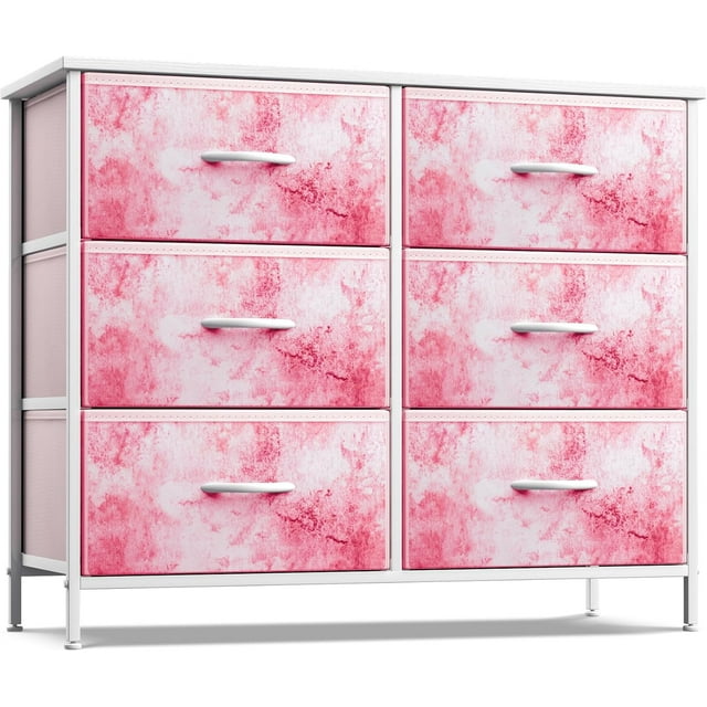 Songqin Dresser with 6 Drawers Fabric Storage Tower Organizer – Steel Frame, Wood Top, Easy Pull Bins for Bedroom, Closet, Hallway, Office-Pink Tie Dye