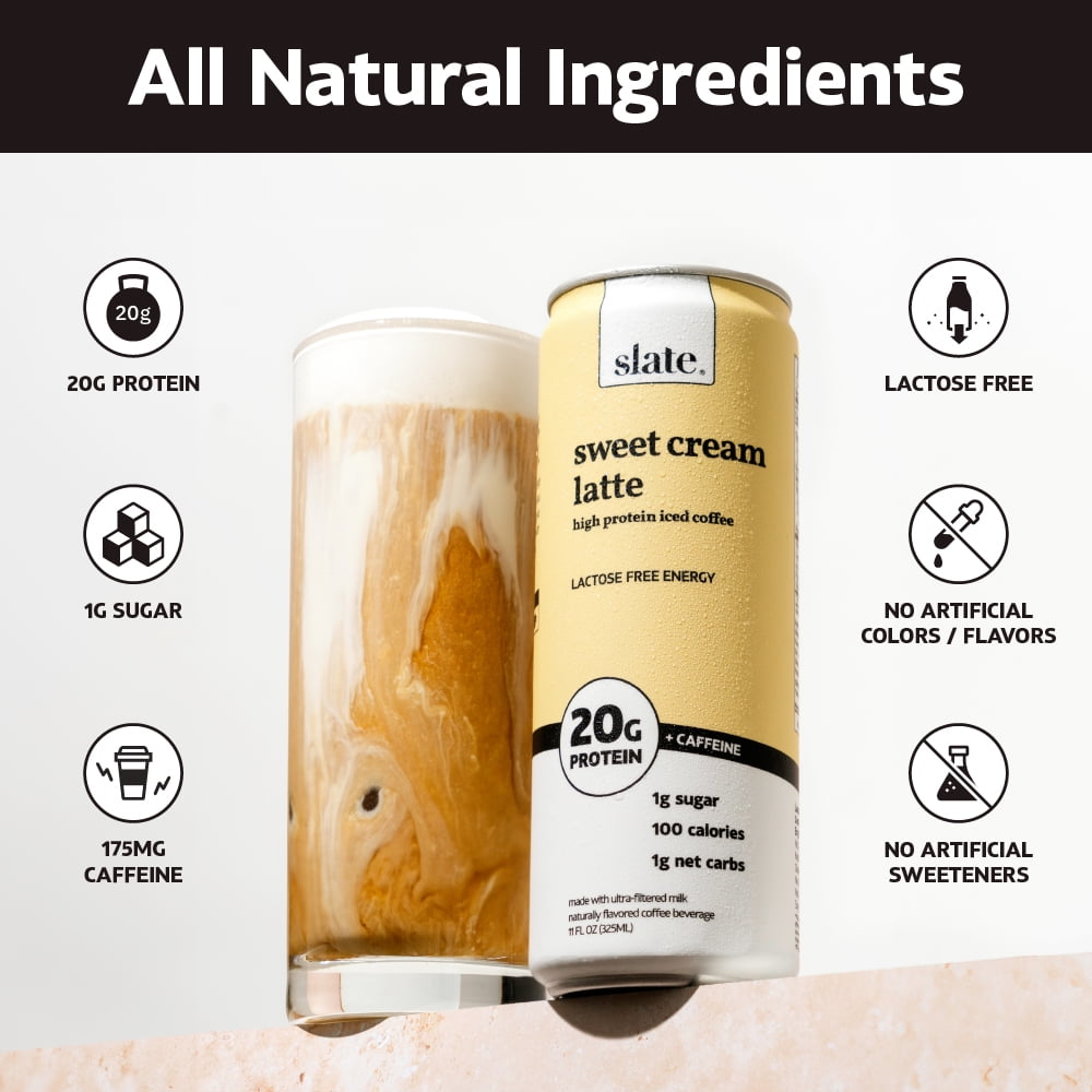 (2 pack) Slate Milk Sweet Cream Latte, High Protein Iced Coffee, 20g Protein, 11 fl oz Can, Ready to Drink