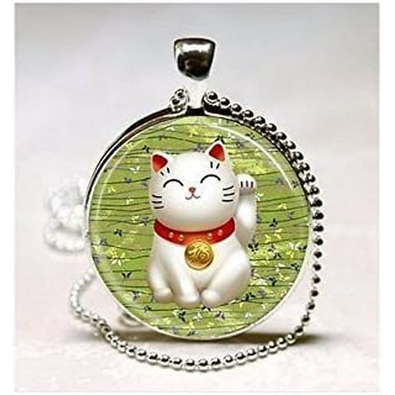 Lucky Cat Necklace Green Maneki Neko Good Luck Charm Art Pendant