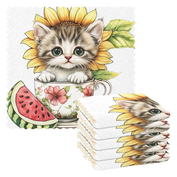6 Pieces of Kitchen Towels 11x11Inch Kitchen Dish Cloths Kitchen Dish Towels Reuseable Cleaning Cloths Teacup Black Kitten