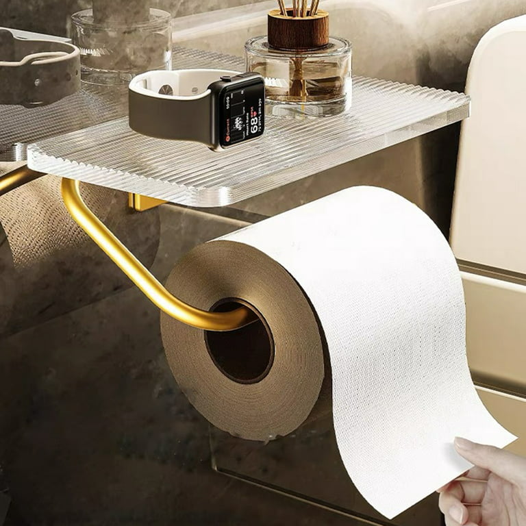 Luxury Double Marble Brushed Brass Toilet Paper Holder With Shelf Hotel Bathroom  Wall Mounted Paper Towel