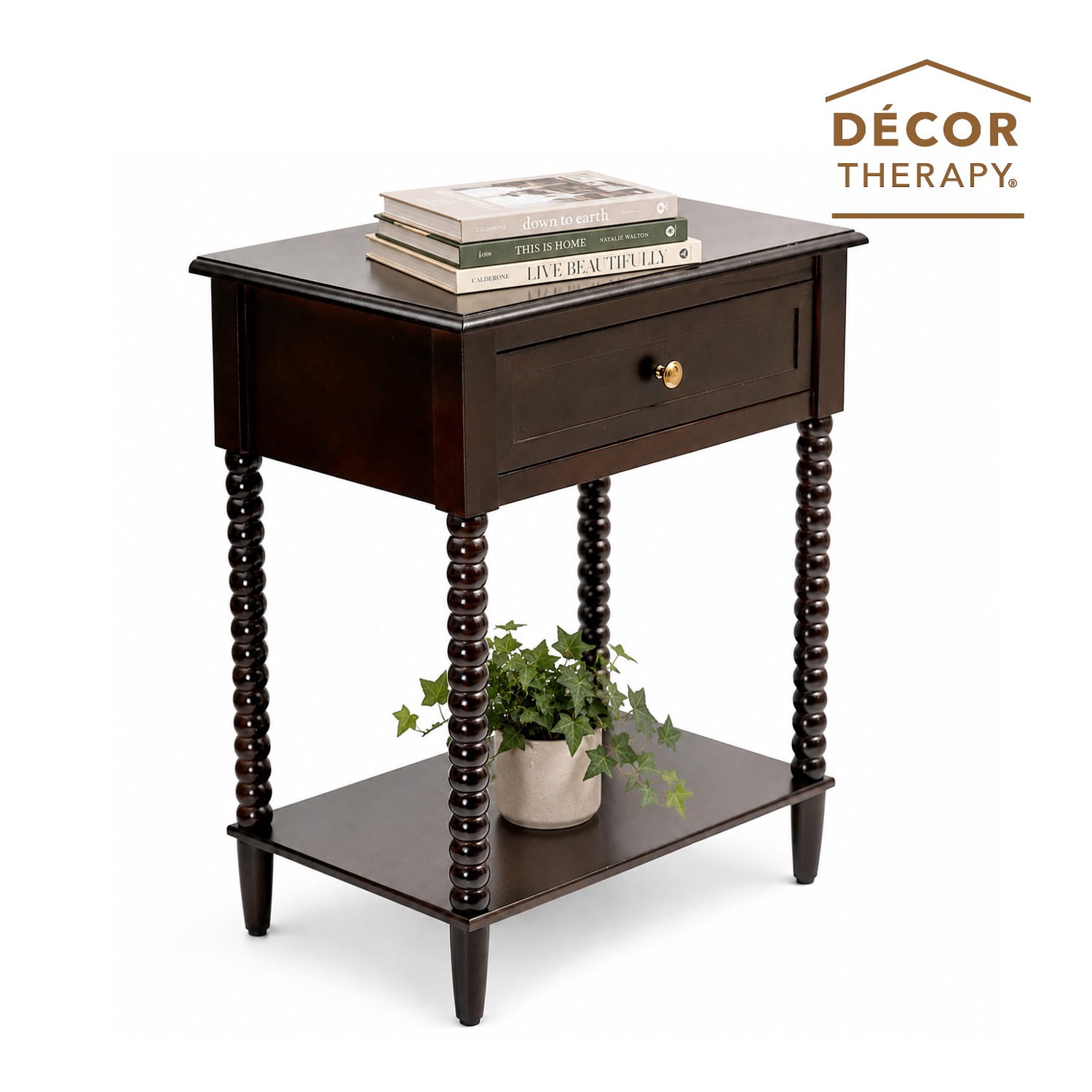 Decor Therapy Preston Traditional Single Drawer Side Table, Classic Bedside End Table with Lower Shelf, Walnut