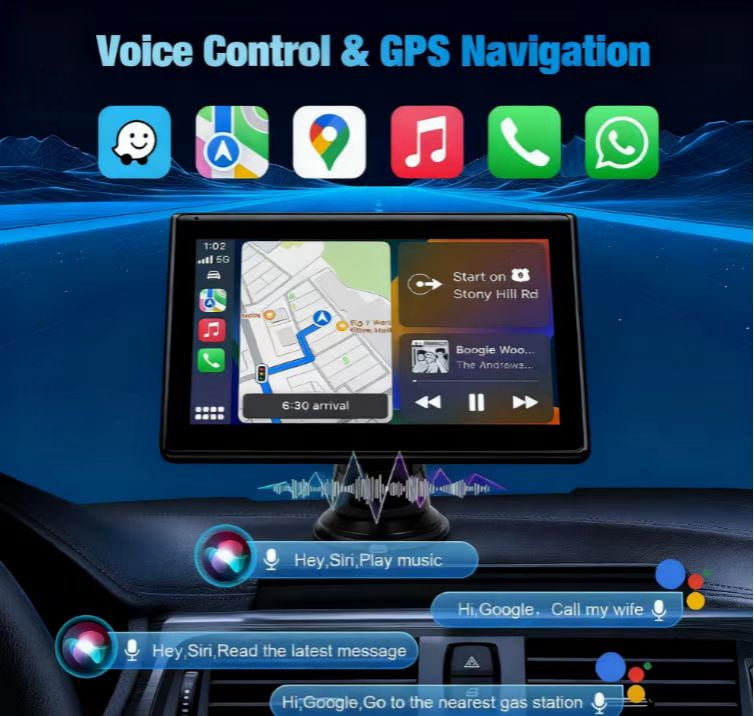 7" Portable Wireless CarPlay Screen for Car – Apple CarPlay & Android Auto, HD Touch Screen Car Stereo, Bluetooth, GPS Navigation, Voice Control, Plug-and-Play with FM/AUX/Mirror Link (Black)