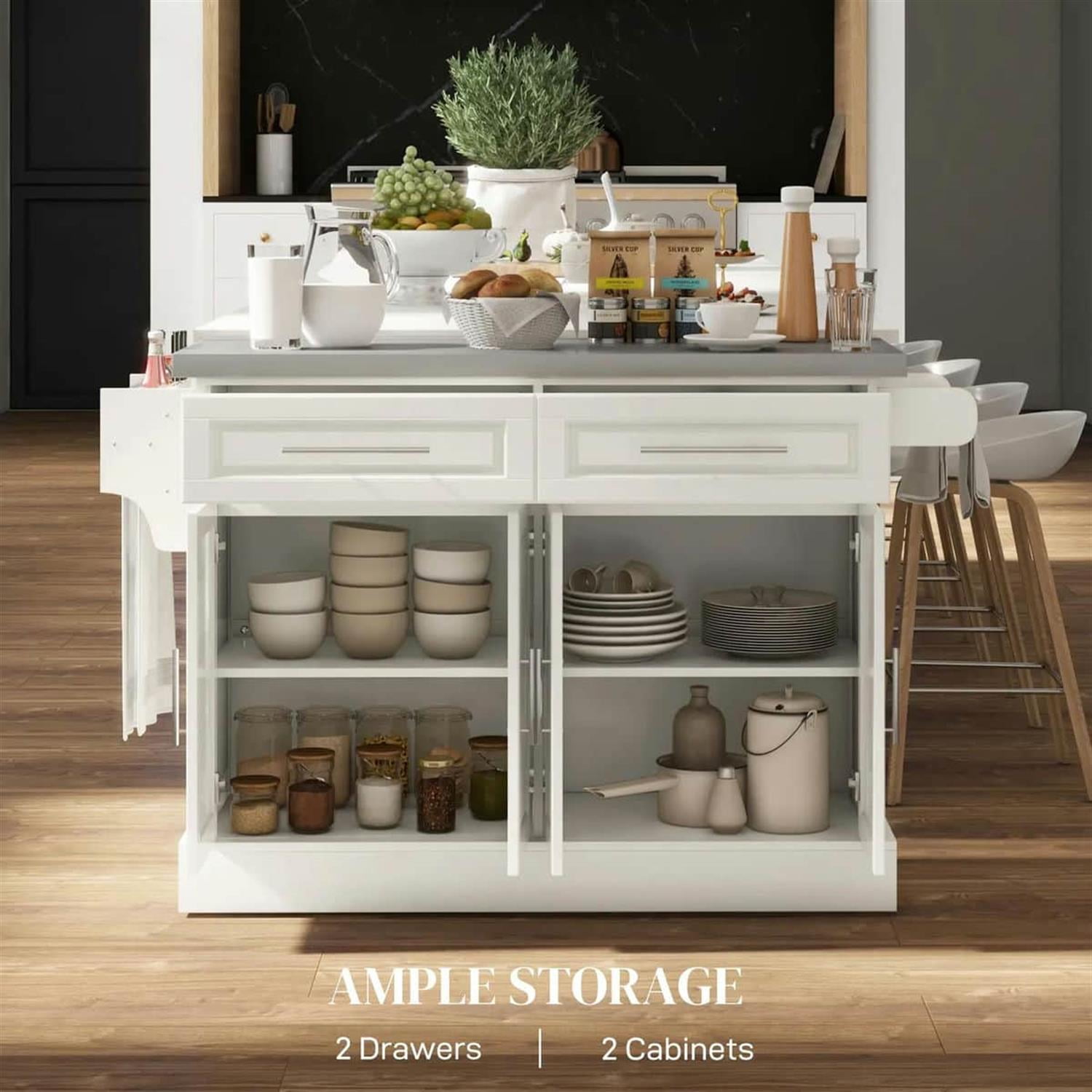 Demi Bonn 57" Rolling Kitchen Island with Stainless Steel Top, 2-Drawer Storage, Spice & Knife Rack, Mobile Island Cart for Cooking & Dining, White