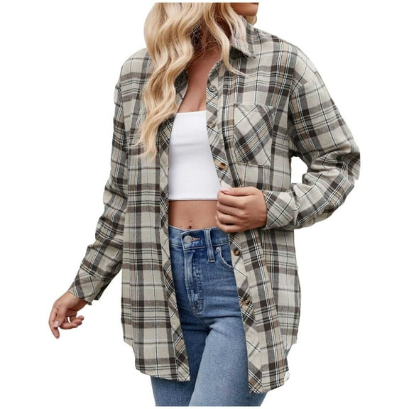 felwors Long Sleeve Plaid Shirt for Women Button Down Shirts Buffalo Shackets Business Casual Blouses Beige, XL