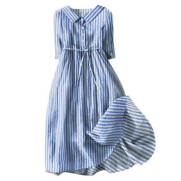 Pisexur Womens Summer Dresses Fashion Bohemian Floral Print Maxi Dress Casual Tunic Elastic Wasit Sundress Turndown Collar Button Down Long Dress 3/4 Sleeve V Neck Flowy Cotton Linen Beach Dress