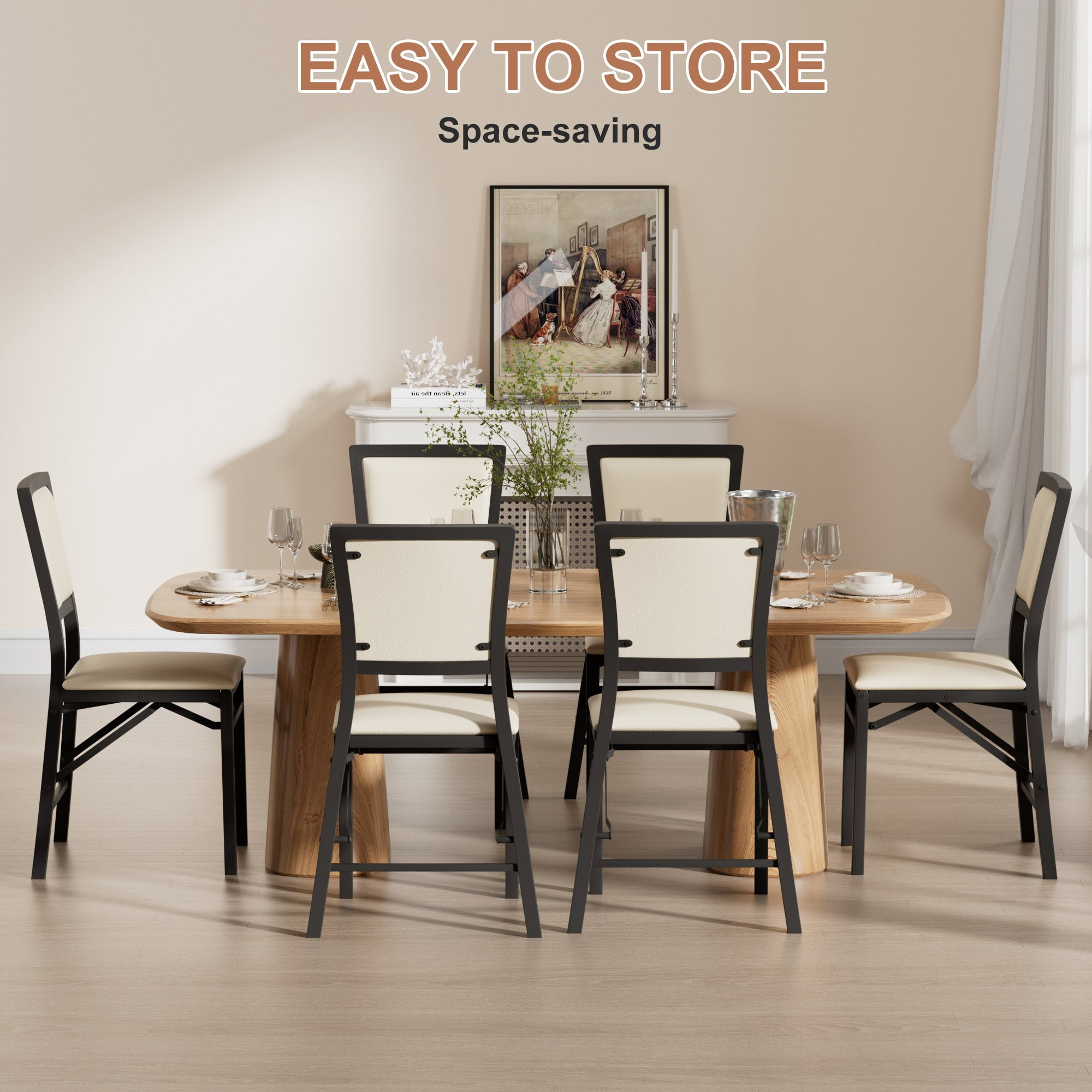 VECELO Dining Chairs Set of 6, Space-Saving and No Assembly, High Back PU Upholstered Folding Chairs with Metal Frame for Kitchen and Living Room, Beige