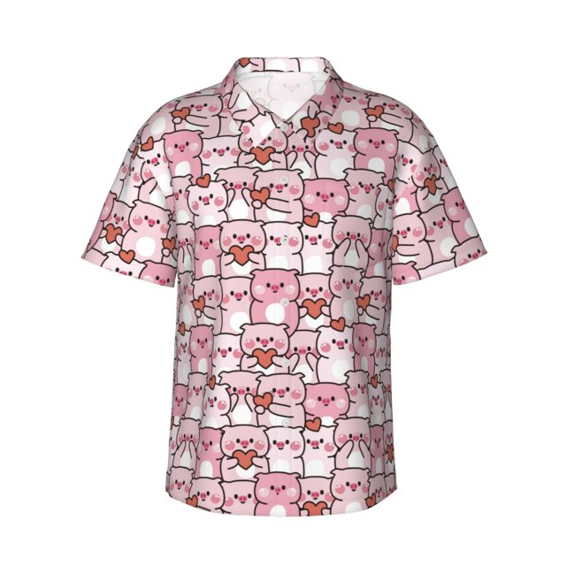 Fotbe Kawaii Pig Camisa Hawaiana para Hombre Unisex – Camisa Casual de Verano con Botones de Manga Corta de Algodón y Lino,Small