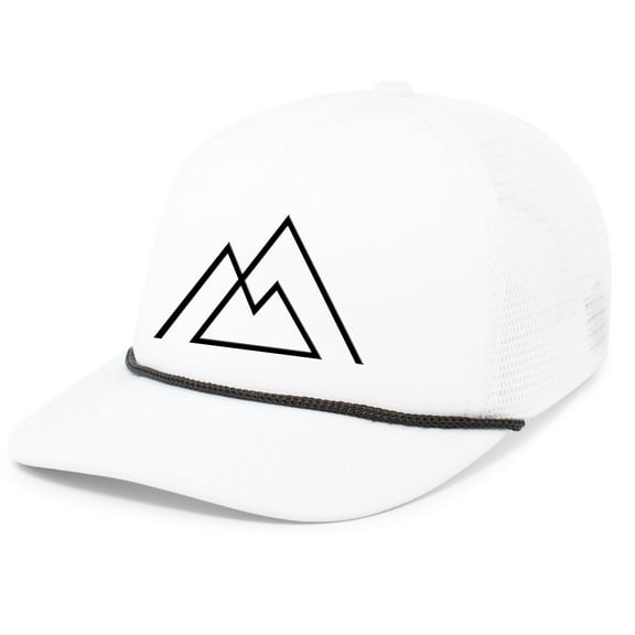 Mens Geometric Mountain Outdoors Rope Hat Embroidered Foam Front Mesh Back Trucker Hat, White/Black