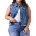 thumbnail image 2 of DARING DIVA Women's Plus Size Embroidered Pearl Frayed Denim Vest 1X Light Blue, 2 of 6