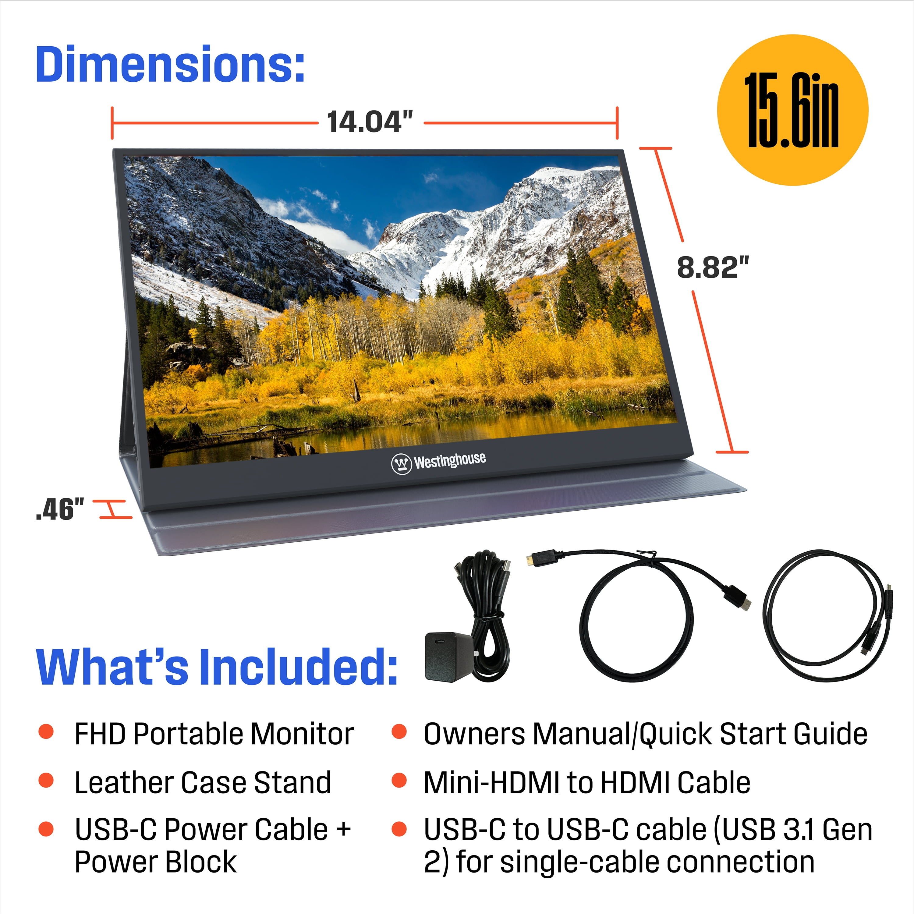Westinghouse 15.6" Portable Monitor, 1080p Full HD IPS Display, USB-C, HDMI, Speakers
