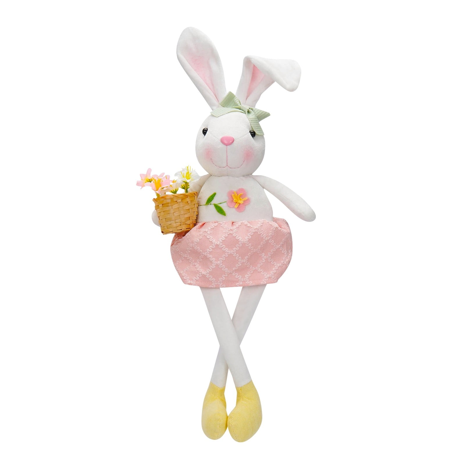 17.3in Easter Decorations Plush Bunny Doll with Flower Basket for Easter Party Decor and Easter Basket Stuffers, Soft PP Cotton Easter Decor Rabbit Figurine for Kids Easter Pascua Home Display