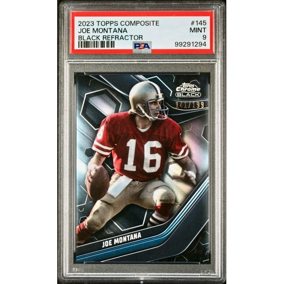 Joe Montana 2023 Topps Chrome Black NFL #145 Refractor 141/199 Card PSA 9 Mint