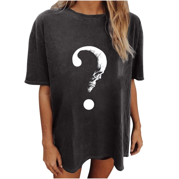 Hombres Y Mujeres Retro Tops Skull Question Mark Festival Manga Caída Estampado Vintage Manga Corta Suelta Odeerbi ODB182079