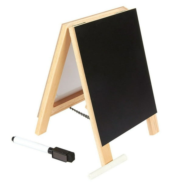 Double Sided Chalkboard Stand and Dry Erase Sign Dual Wooden Tabletop