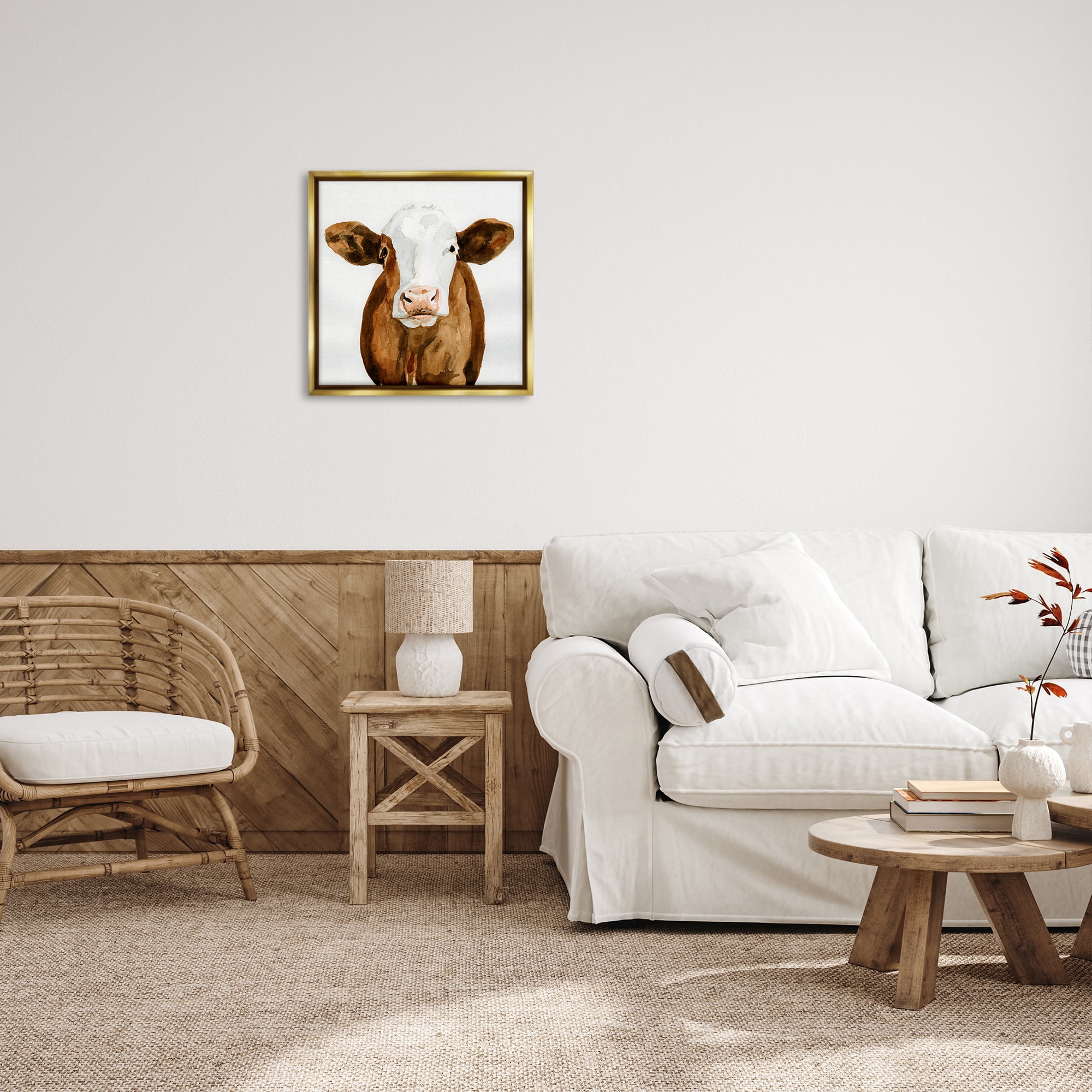 Stupell Industries Country Cow Minimal Portrait Animals & Insects Painting Gold Floater Framed Canvas Art Print Wall Art, 25 x 25