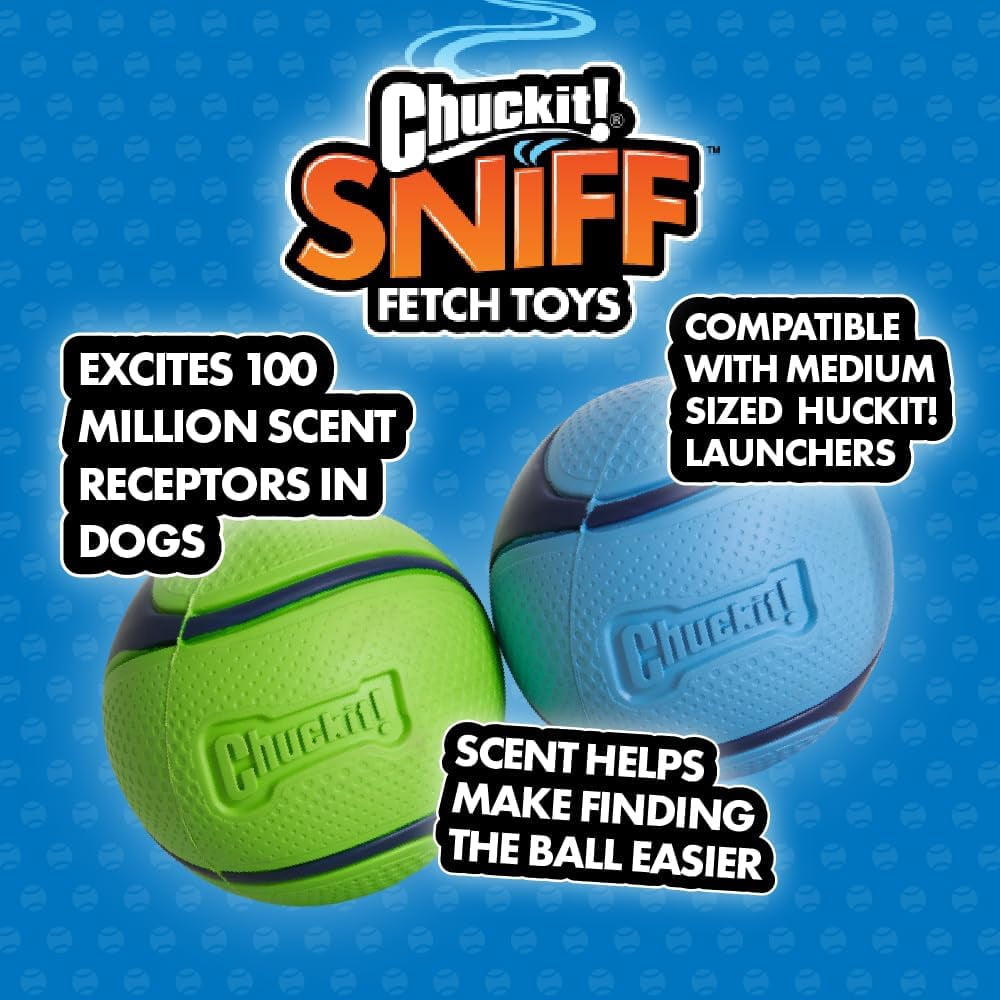 Chuckit! Sniff Fetch Ball Durable High Bounce Rubber Dog Toy, Peanut Butter & Bacon Scented, Medium 2.5" for Dogs 20 to 60 lb, Blue, Green & Blue, Pack of 2