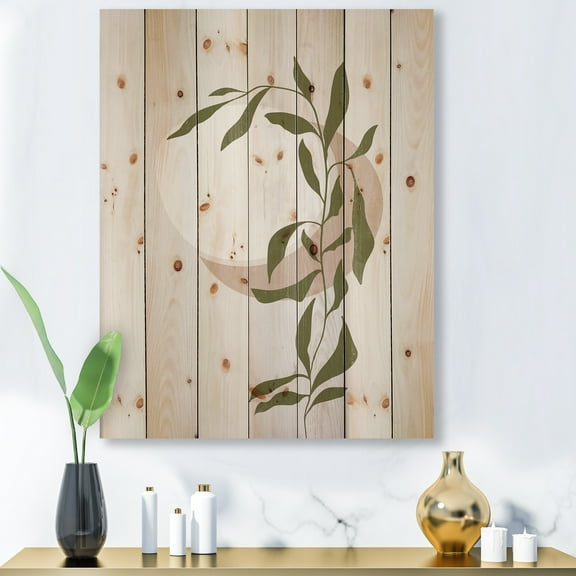 Designart 'Abstract Moon and Sun With Green Leaf III' Modern Print on Natural Pine Wood