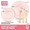 thumbnail image 2 of 750 Piece Pink & Gold Scalloped Plastic Dinnerware Set with Cutlery, Gold Rim, Party Use, 2 of 7