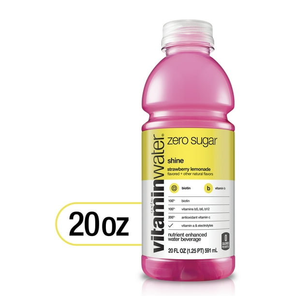 vitaminwater zero sugar shine, electrolyte enhanced water w/ vitamins, strawberry lemonade drink, 20 fl oz